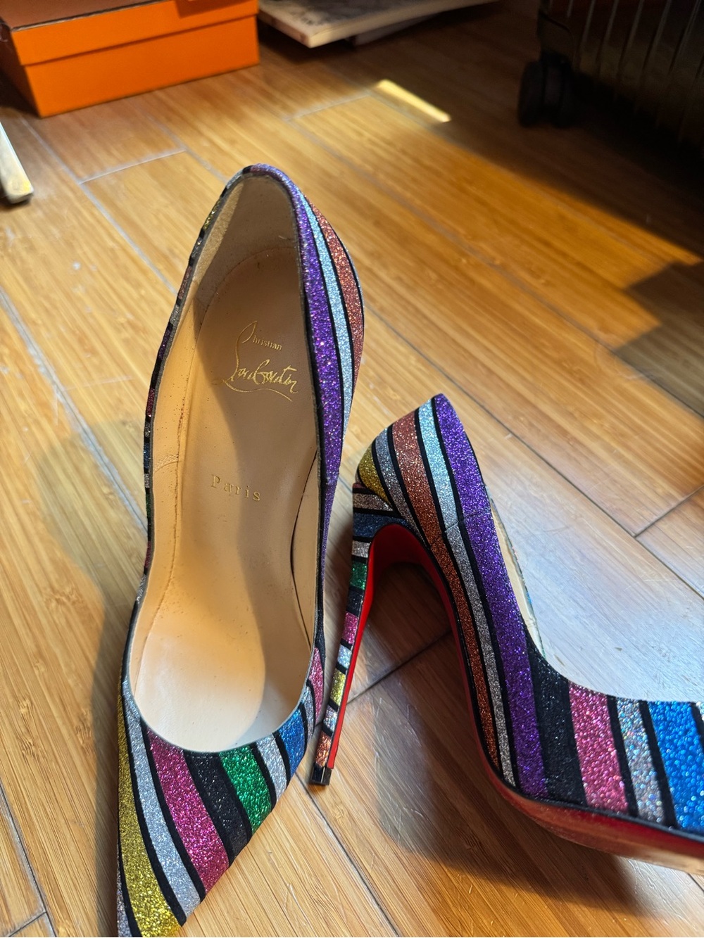 Christian Louboutin Multicolor Glitter Striped Pointed Toe Pumps with Red Sole